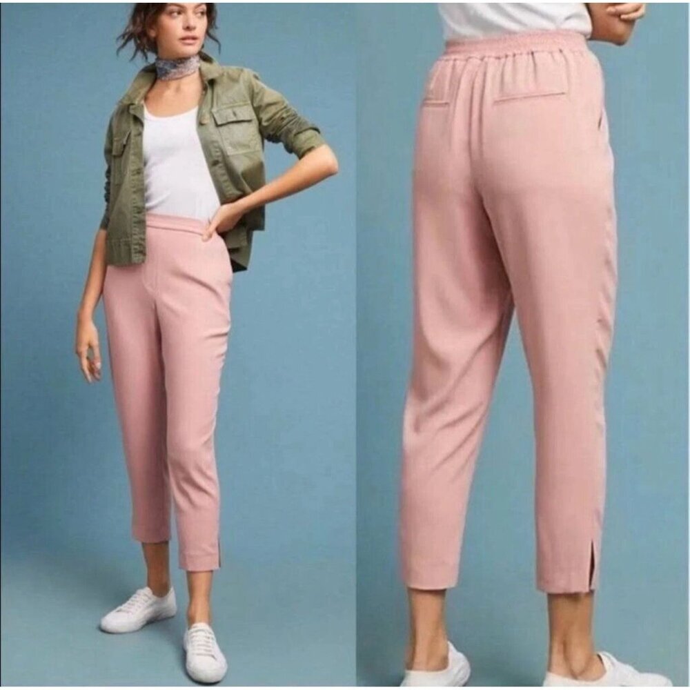 Anthropologie Essential Pull On Trouser Pants Dusty Rose Size XS Cropped Slit‎